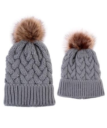 2PCS Family Matching Hat Winter Warmer Mother & Baby Knit Hat Ski Cap Baby&Mother Grey