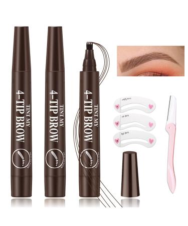 3Pcs Brow Pencil Eyebrow Tattoo Pen Long Lasting Waterproof Microblading Eyebrow Pencils Brow Pen with Eyebrow Trimmer 3 Eyebrow Models for Creating Easy Natural Brows (Dark Brown)