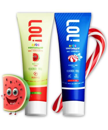 LOL Kids Toothpaste | Fluoride Free 2-Flavors Pack | Nano Hydroxyapatite Toothpaste Probiotics Vitamins A C E | Safe if Swallowed No SLS | 1 Melon Flavor 1 Peppermint