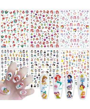 6 Sheets Kawaii Nail Art Stickers 3D Anime Design Nail Charms Cute Cartoon Nail Stickers Self-Adhesive Acrylic Nail Art Supplies Mermaid Nail Decals for Women Girls Kawaii Nails Art Decorations S5