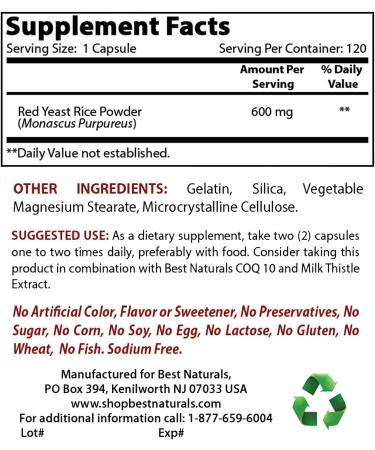 Best Naturals Red Yeast Rice 600mg Capsules - 120 Caps (2 capsules per serving) - Promotes Heart Health and Cholesterol Support - Buy Online on GoSupps.com