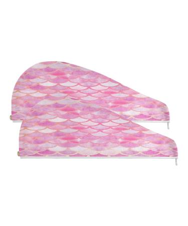 Pink Mermaid Scales Dry Hair Cap 2 Piece Quick Drying Towel Set with Button Headband Super Absorbent Soft & Comfortable