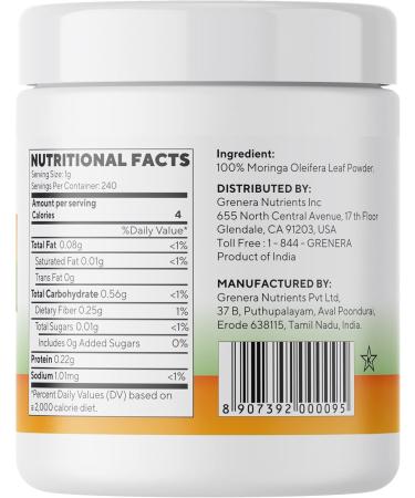 Grenera Organic Moringa Leaf Powder 240 Grams - Source of antioxidants/Source d'antioxydants - Buy Online on GoSupps.com