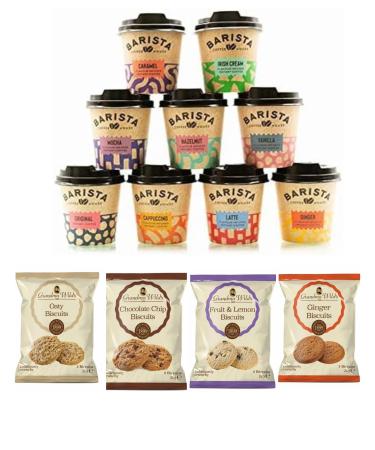 Coffee Gift Set with Biscuits - 9 Assorted Flavours Instant Coffee Cups with 4 x Twin Biscuits Gift Sets - Cappuccino Vanilla Latte Hazelnut Original Mocha Irish Cream - Coffee Lovers Gifts (1)