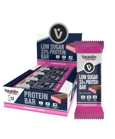 VITALDIN SPORT Low Sugar 33% Protein Bar Strawberry – Protein Bars – 12u x 45g – Sports Energy Bar With Protein For Bodybuilding – Vegan Protein – Contributes to the growth of your muscle.
