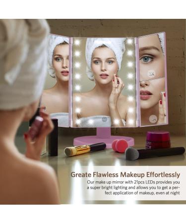 Homever Vanity Mirror with Lights - 21 Led Trifold Makeup Mirror - Touch Screen, 3X/2X/1X Magnification - 180 Rotation, Dual Power Supply - Lighted Makeup Mirror, Pink - Buy Online on GoSupps.com