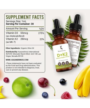 Kasandrinos Vitamin d3+k2 Bone Health Immune Support Supplement Vitamin D3 55mcg of 275% (2200 IU) per Serving Vitamin K2 28 mcg of 23% Hair Skin and Nails Vitamins -1 FL Oz (30 ml) Pack of 2 1 Fl Oz (Pack of 2) - Buy Online on GoSupps.com