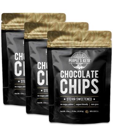 Sugar Free Large Chocolate Chips, Stevia Sweetened, 12 oz. Value Size, Non-GMO, Vegan, Keto, Low Carb, 60% Cocoa, All Natural, Baking Chips, Gluten Free, No Sugar Added, The People's Keto Company (3 P 12 Ounce (Pack of 3)
