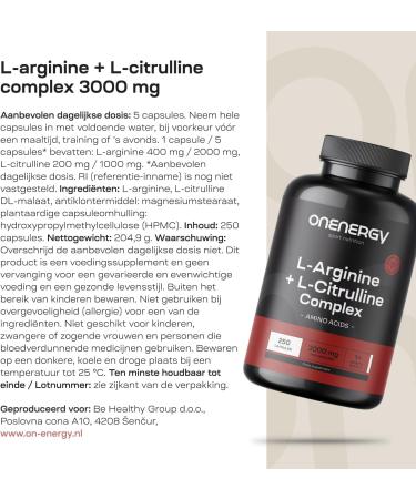 Be Healthy Group doo Larginine + Lcitrulline complex 3000 mg 250 capsules High amino acid content Increases energy Accelerates recovery Before and after exercise - Buy Online on GoSupps.com