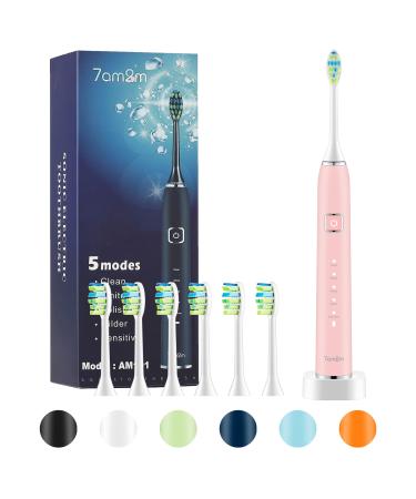 7am2m Sonic Electric Toothbrush with 6 Brush Heads for Adults and Kids, One Charge for 90 Days, Wireless Fast Charge, 5 Modes with 2 Minutes Built in Smart Timer, Electric Toothbrushes(Pink) Light Pink