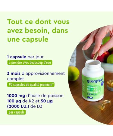 Omega 3 (1000mg) with Vitamin D3 (2000 IU) + K2 100 g 90 Capsules Fish Oil (400mg of EPA and 300mg of DHA) Highly Dosed Vit D3 Cholecalciferol + Vit K2 MK7 No Flavors and Additives ditifs - Buy Online on GoSupps.com