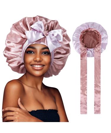 WEIPAO Silk Satin Bonnet - Silk Hair Wrap for Sleeping Satin Bonnet for Curly Hair Sleep Cap Large Double Sided Reversible Hair Bonnet with Tie Band One Size Bean Paste + Light Purple