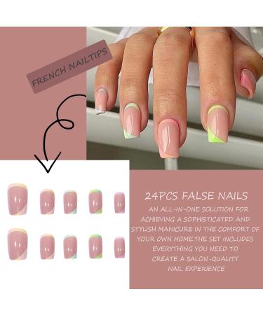 Square False Nails Short 24Pcs Wavy Fake Nails Short Nude Fake Nails Nails Fake Nail for Nails Art Acrylic Full Cover Nails Tips with Glue for Women Girls (French Multicolor Gradient) - Buy Online on GoSupps.com