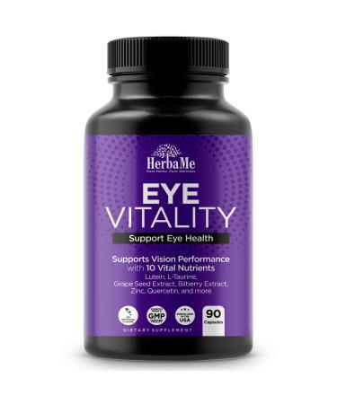 HerbaMe Eye Vitality, Eye Vitamins Supplement with Lutein, Bilberry, Beta Carotene, L-Taurine, Zinc and Quercetin, 90 Capsules, Supports Vision, Ocular and Macular Health, Helps Eyes Filter Blue Light