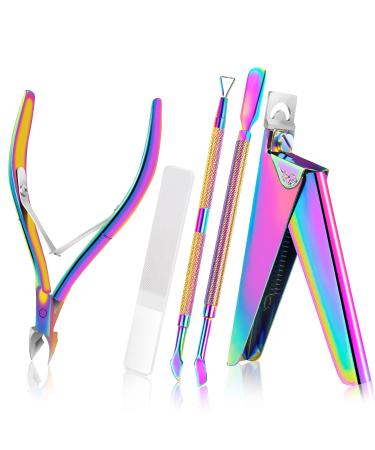 Acrylic Nail Clipper 5 in 1 Kit with Glass Nail File, Cuticle Trimmer Nipper and Cuticle Pusher Nail Gel Polish Remover, Stainless Steel Professional Manicure Pedicure Drill Tools for Finger Toe Nails Rainbow