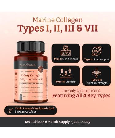  pureclinica 1500 mg x 1080 tablets. 1200 mg of UltraColl Collagen and 300 mg of hyaluronic acid per tablet. (6 bottles of 180 tablets each - 36-month supply) - Buy Online on GoSupps.com