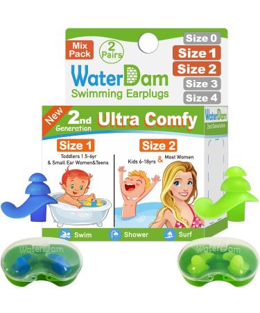 WaterDam Swimming Ear Plugs Great Waterproof Ultra Comfy Earplugs Prevent Swimmer's Ear (Size 1+2: Toddlers (Blue) & Small&Medium Ear Women Kids Teens (Green))
