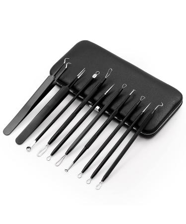 Fangze Pimple Popper Tool Kit, 10 pcs Blackhead Remover Tools Stainless Steel Comedone Extractor Blackhead Tweezer for Women Men Face Blemish Whitehead Zit with Leather Bag 10 Count (Pack of 1) Black