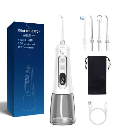 Sadat Cordless Rechargeable Oral Irrigator with Intelligent LED Screen Visible Battery Level 360-degree Rotation Nozzle 9 Modes 300 ml Water Tank IPX7 Waterproof Dental Water Flosser (White)