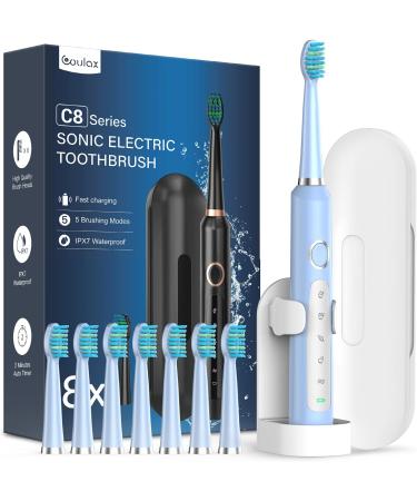Sonic Electric Toothbrush for Adults and Kids - Sonic Toothbrushes with 8 Tooth Brush Replacement Head and 5 Brushing Modes 120 Days of Use with 3-Hour Fast Charge 2 Minute Smart Timer Light Blue 1 count (Pack of 1)