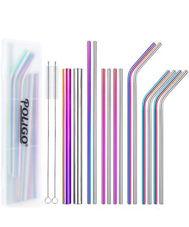 POLIGO 16pcs Reusable Stainless Steel Straws Colorful Rainbow Drinking Straws Iridescent Metal Straws with Portable Case and Cleaning Brushes for 20 30 Oz Yeti Tumbler Smoothies and Bubble Tea Multicolor