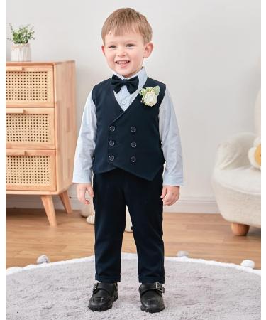 ZOEREA Baby Boy Gentleman Clothes Set - 3-4 Years Blue | Wedding Tuxedo Outfit | Formal Shirt, Suspender Pants, Vest, Bowtie & Boutonniere - Buy Online on GoSupps.com