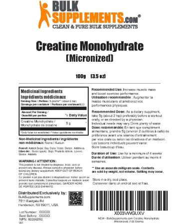 BulkSupplements.com Creatine Monohydrate Powder - Gluten Free 100g (3.5 oz) (Pack of 1) - Buy Online on GoSupps.com