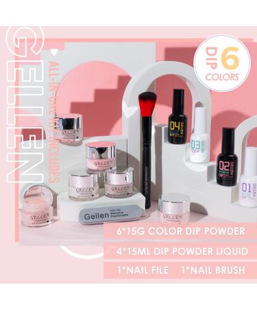 Gellen Dip Powder Nail Kit - 6 Color Acrylic Starter Set with Top & Base Coat, Clear Dipping Powder Liquid - DIY Manicure Kit for Home/Salon Nail Art - Gentle Nudes - Buy Online on GoSupps.com