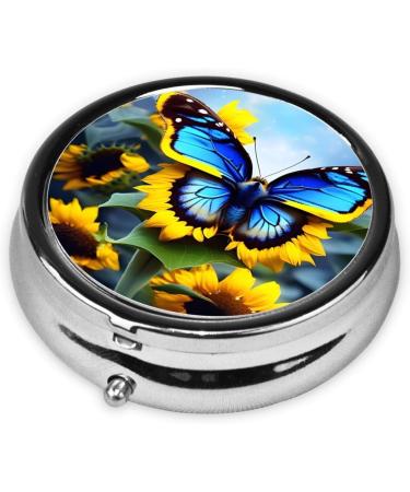 Sunflower Blue Butterfly Round Pill Box | 3 Compartment Travel Organizer | Portable Pill Holder for Travel - Buy Online on GoSupps.com