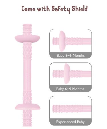 Teething Tube with Choke-Proof Safety Shield | Baby Hollow Teether Toys | Food-Grade Silicone | 3-12 Months | Boys & Girls | Includes 1 Pair & 4 Cleaning Brushes | Star & Moon Design | Pink & Grey - Buy Online on GoSupps.com
