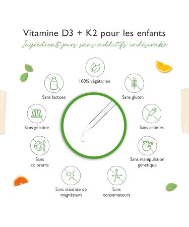 Vitamine D3 K2 en gouttes pour enfants pendant 300 jours (10 mois) - 500 UI de vitamine D & 25 g de vitamine K2 - Haute biodisponibilit gr ce au K2VITAL original - Sans additifs nocifs - Buy Online on GoSupps.com
