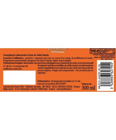 HERBESAHERBESAN - Royal Jelly 1500MG Organic - Royal Jelly Honey Pollen - Immune Defenses - Made in France - 20 ampoules of 15mlN - Royal Jelly 1500MG - 20 ampoules of 15 ml - Buy Online on GoSupps.com