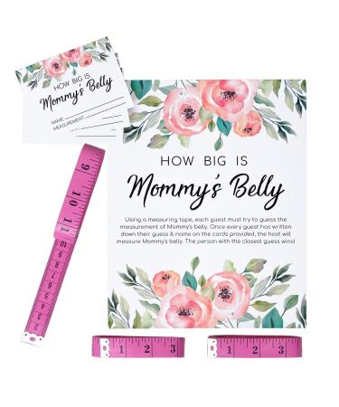 34 PCS Baby Shower Measure Belly Game How Big is Mommy's Belly, 30 Guessing Cards, 3 Measuring Tapes, and 1 Game Sign with Stand (Pink)