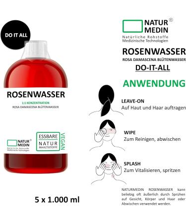 5000 ml NATURMEDIN Edible Rose Water - 100% Natural Cosmetics - Pack of 5 (1L each) for Ultimate Skincare - Buy Online on GoSupps.com