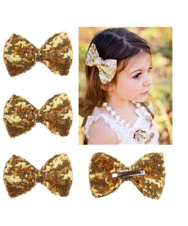 4 Pack Gold Glitter Sequins Bow Hair Clip Hairpin for Girls Cheer Dance Recital Birthday Shirt Themed Party Festivals