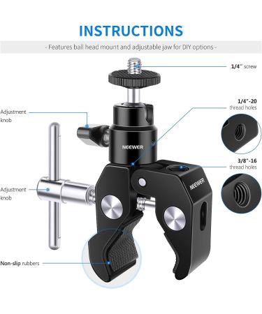Neewer Upgraded Super Clamp with Mini Ball Head Mount | 1/4 Screw, Cold Shoe Adapter | for LCD Field Monitor, Flash, Microphone, LED Light, Light Stand | 3.3lb Load Capacity | ST11 - Buy Online on GoSupps.com