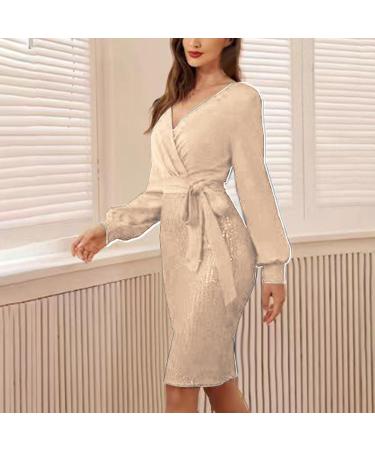 Hanxiulin Elegant Winter Dress for Women - Long-Sleeved V-Neck Cocktail & Party Dress in Beige 3XL Bodycon Style - Buy Online on GoSupps.com