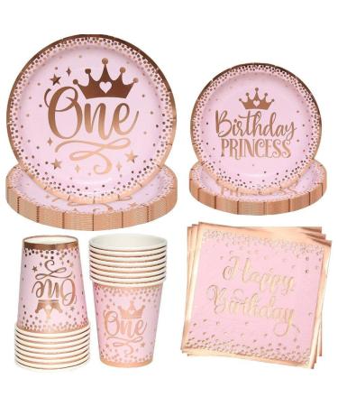 Party Tableware Princess Crown Plates Paper Cups Pink Gold Party Supplies for Kids Birthday Weddings Anniversary Decorations