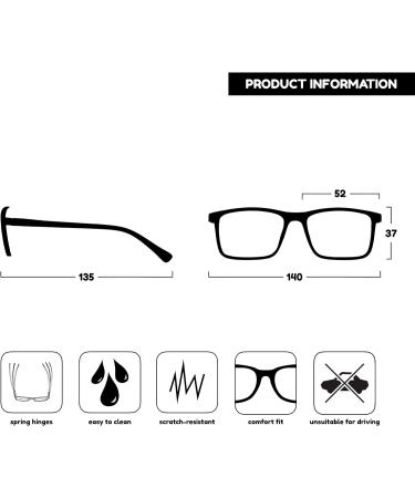 Opulize Ink Long-Sightedness Glasses - Large Rectangular Frame Scratch-Resistant Gray Spring Hinges - M4-7 -50 -2.5 Diopters (1 Pack) - Buy Online on GoSupps.com