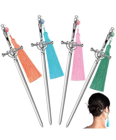 4 Pieces Silver Sword Chopsticks Metal Sword Chinese Style Hair Pins Elegant Hair Sticks for Buns with Dust Tassel Vintage Style Hair Accessories Hair Pins Stick for Women Girls Thick Long Hair