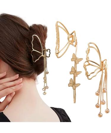 FRDTLUTHW Large Metal Butterfly Hair Claw Clips Nonslip Tassel Hair Clips for Women Girls Thick Thin Hair(pack of 2) Crystal Tassel