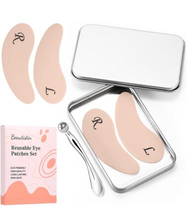 Under Eye Patches Silicone - 2 Pairs Reusable Eye Patches Eye Wrinkle Patches Reusable Under Eye Mask Plump Fine Lines & Wrinkles with Metal Eye Cream Applicator Tin Case