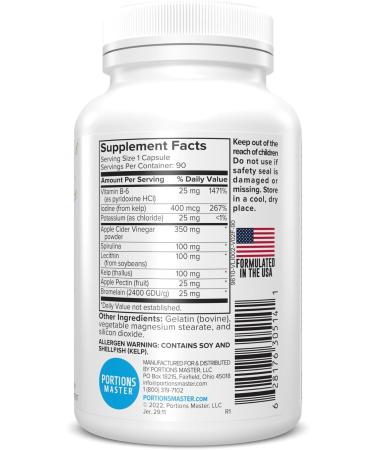 Portions Master Apple Cider Vinegar Pills, Unfiltered Apple Cider Vinegar - 90 Capsules - 750 mg Per Serving - Buy Online on GoSupps.com