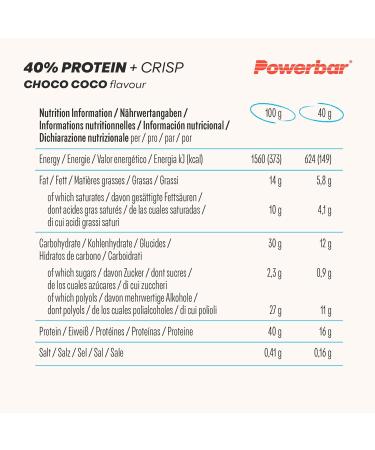 Buy Powerbar 40% Protein Plus Crisp Choco Coco 12x40g - High Protein Low Sugar Bar for International Shipping - Buy Online on GoSupps.com