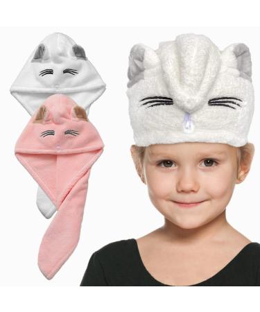 Microfiber Hair Towel for Kids Girls and Women - Quick Drying Hair for Children - Super Absorbent Head Turban with Button - 2 Pack