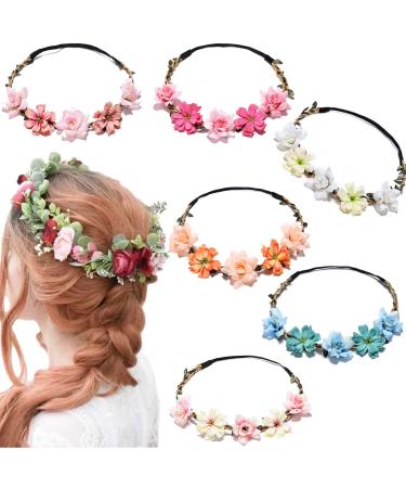 MDRTIRIM 6 Pcs Girl Boho Flower Headband Hair Rose Gesang Wreath Floral Crown Fairy Headpiece Wedding Tour Festival Photos Accessories for Women Kids