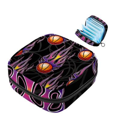 Menstruation pad bag with zipper women's napkin bag tampons collection bags for women and girls (sports basketball power fire purple) Color 1