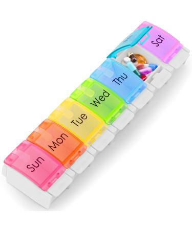 BoxSIK Pillendose Organizer - Weekly Tablet Box for Vitamins Dietary Supplements and Medicines for Travel - Premium Quality Material in Food Quality Rainbow Color 7 Compartments