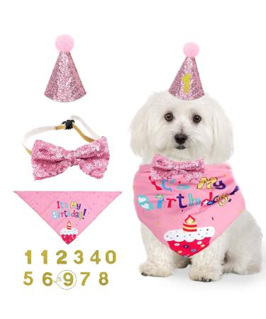 NITAIUN 4 Pcs Dog Birthday Hat Dog Birthday Party Bandana Puppy Dog Birthday Outfit with Bow Tie Collar and Number Dog Cat Costumes for Pet Birthday Decorations Party Decoration Set (Pink) - Buy Online on GoSupps.com