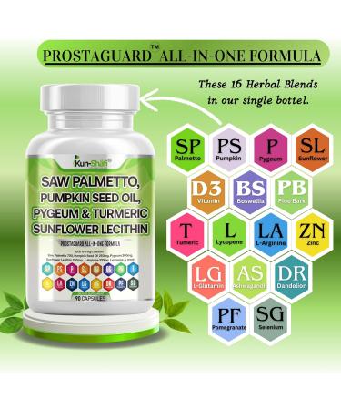 Kun Shafi Saw Palmetto with Stinging Nettle, Pygeum, Pumpkin Seed, Sunflower Lecithin, Turmeric & Ashwagandha Prostate Support for Men with Lycopene & Vitamin D3 90 Capsules - Buy Online on GoSupps.com